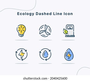 ecology dash line icon collection package white isolated background with modern flat cartoon style