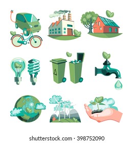 Ecology decorative icons set with earth industry solar panels clean water wind turbines garbage isolated vector illustration 