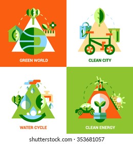 Ecology design concept set of green world clean city and energy and water cycle flat vector illustration