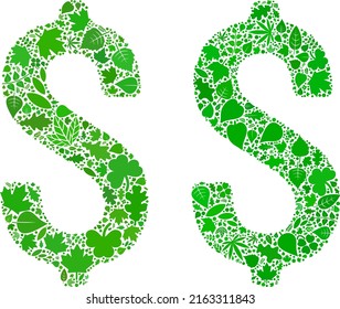 Ecología en dólares composición de ícono de hojas de plantas en variaciones de color verde y natural. Plantilla de vector de entorno ecológico para icono de dólar. La imagen vectorial del dólar está formada por íconos verdes de hierbas.