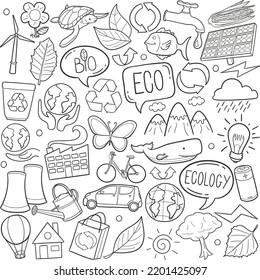 Ecology Doodle Icons. Hand Made Line Art. Recycle Clipart Logotype Symbol Design.