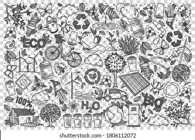 Ecology doodle set. Collection of hand drawn sketches templates patterns of eco volunteering gardening recycling garbage and sorting junk. Environmental care for nature and planet earth illustration.