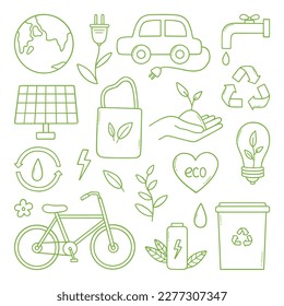 Ecology doodle set. Green energy, nature protection, zero waste, eco friendly concept. Vector illustration isolated on white background.