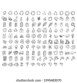 Ecology Doodle vector icon set. Drawing sketch illustration hand drawn line.