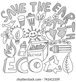 Juego de vectores de iconos de doodles ecológicos.