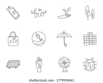 garabatos ecológicos aislados en blanco. conjunto de iconos de eco dibujado a mano para diseño web, interfaz de usuario, aplicaciones móviles e impresión