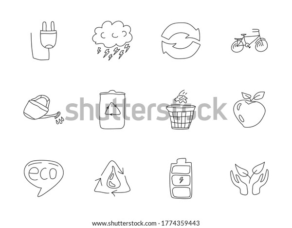 ecology doodles isolated on white. ecological\
hand drawn icon set for web design, user interface, mobile apps and\
print products