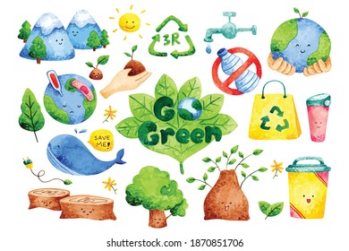 Ecology Doodles In Water Color Style Vector Illustration