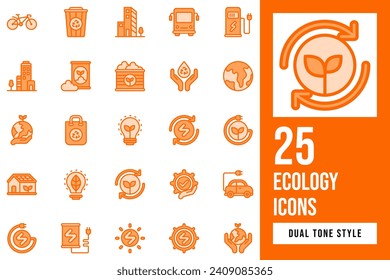 Ecology Dual Tone Icon Set. Containing efficiency, conservation, environmental, factory, eco, electricity, earth, control, power, electric, charge, ecology, bus, bicycle, bag, energy, bulb, light.