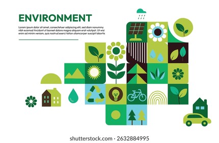 Ecology and Earth Day Concept vector image. World environment and sustainable development concept with ecology icons template flat design, eco friendly and green technology. ESG for business 