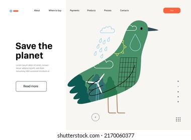 Ecology - Earth day -Modern flat vector concept illustration of a bird filled with ecological symbols of sustainable energy and plants. Creative landing web page template