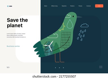 Ecology - Earth day -Modern flat vector concept illustration of a bird filled with ecological symbols of sustainable energy and plants. Creative landing web page template