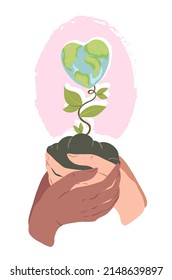 Ecology. Earth Day. Vector illustration for postcards, stickers, posters. Sprout plant in hands, earth.