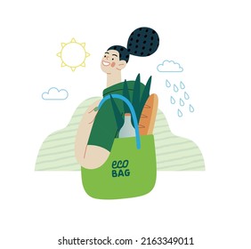 Ecology - Eco bag -Modern flat vector concept illustration of a young woman holding a reusable grocery bag. Creative landing web page illustartion