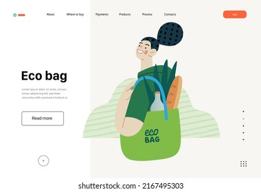 Ecology - Eco Bag -Modern Flat Vector Concept Illustration Of A Young Woman Holding A Reusable Grocery Bag. Creative Landing Web Page Template