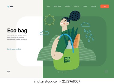 Ecología - Bolsa ecológica - Ilustración moderna del concepto de vector plano de una joven mujer que sostiene una bolsa de comestibles reutilizable. plantilla de página web de aterrizaje creativo