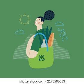 Ecology - Eco bag -Modern flat vector concept illustration of a young woman holding a reusable grocery bag. Creative landing web page template