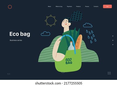 Ecología - Bolsa ecológica - Ilustración moderna del concepto de vector plano de una joven mujer que sostiene una bolsa de comestibles reutilizable. plantilla de página web de aterrizaje creativo