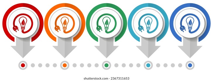 Ecology, eco bulb, renewable energy vector icon set, flat design infographic template, set pointer concept icons in 5 color options for webdesign and mobile applications
