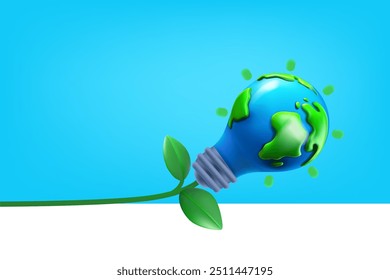 Ecologia e conceito de energia ecológica com lâmpada com folhas. Banner de vetor 3d com espaço de cópia