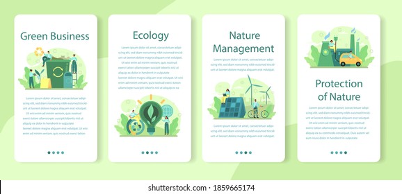 Ecology or eco friendly business mobile application banner set. People taking care of nature and protect the environment. Green energy and polution free production. Isolated flat vector illustration