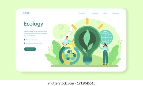 Banner o página de inicio de la web de negocios ecológica o ecológica. Gente cuidando la naturaleza y protegiendo el medio ambiente. Energía verde y producción libre de contaminación. Ilustración vectorial plana aislada