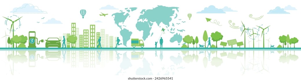 Ecología y Eco Ilustración de Vector de Concepto de Energía Verde Sostenible Eco Amigable y Alternativa de Energía Limpia y Estilo de Vida Saludable Vector Banner de Paisaje de la Ciudad Elementos de Diseño Aislados. 