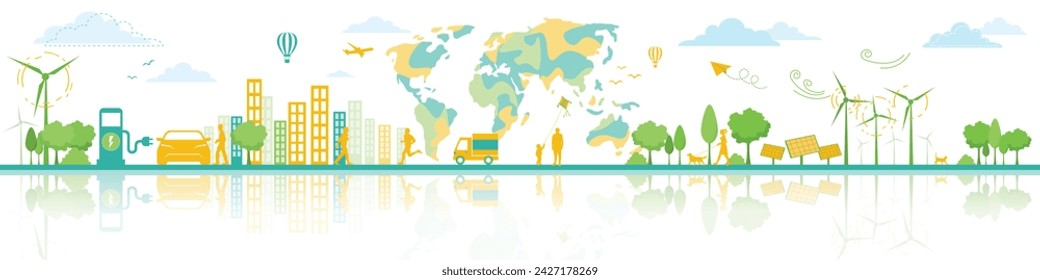 Ecology and Eco Green Energy Concept Vector Illustration Sustainable Eco Friendly and Alternative Clean Energy and Healthy Lifestyle Concept Vector City Landscape Banner Isolated Design Elements.