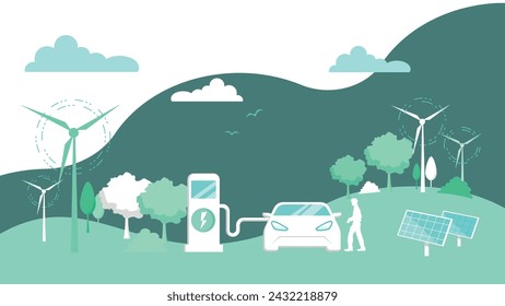 Ecology and Eco Green Energy Concept Vector Illustration Sustainable Eco Friendly and Alternative Clean Energy and Healthy Lifestyle Concept Vector City Landscape Banner Isolated Design Elements. 