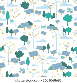 Ecology and Eco Green Energy Concept Vector Seamless Pattern Sustainable Eco Friendly and Alternative Clean Energy and Healthy Lifestyle Concept Repeatable Flat Texture Banner Isolated Design Element