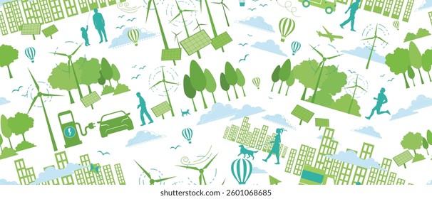 Ecology and Eco Green Energy Concept Vector Seamless Pattern Sustainable Eco Friendly and Alternative Clean Energy and Healthy Lifestyle Concept Repeatable Flat Texture Banner Isolated Design Element