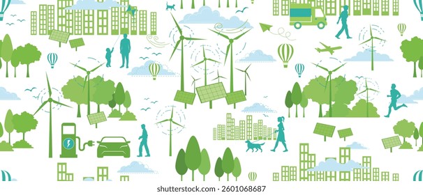 Ecology and Eco Green Energy Concept Vector Seamless Pattern Sustainable Eco Friendly and Alternative Clean Energy and Healthy Lifestyle Concept Repeatable Flat Texture Banner Isolated Design Element