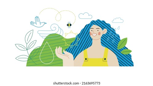 Ecology - Eco green -Modern flat vector concept illustration of a young woman surrounded by natural ecological symbols. Creative landing web page illustartion