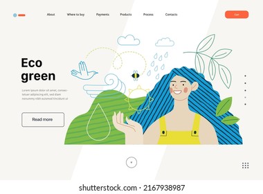 Ecology - Eco green -Modern flat vector concept illustration of a young woman surrounded by natural ecological symbols. Creative landing web page template