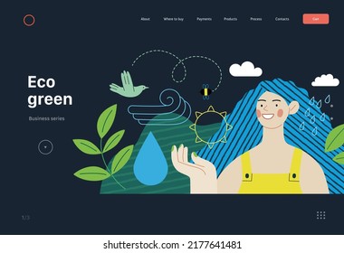 Ecology - Eco green -Modern flat vector concept illustration of a young woman surrounded by natural ecological symbols. Creative landing web page template