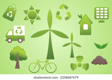 Ecology. Eco icon set. A windmill symbolizing alternative methods of energy generation. Ecologically clean cities. Recycling. Flat vector illustration