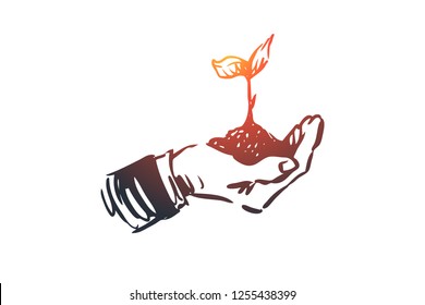 Ecology, eco, nature, green, plant concept. Hand drawn green plant in human hands concept sketch. Isolated vector illustration.