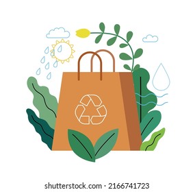 Ecology - Eco package -Modern flat vector concept illustration of a paper bag durrounded by plants, metaphor of ecological lyfestyle. Creative landing web page illustartion