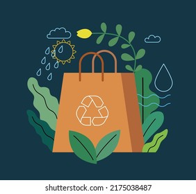 Ecology - Eco package -Modern flat vector concept illustration of a paper bag durrounded by plants, metaphor of ecological lyfestyle. Creative landing web page template