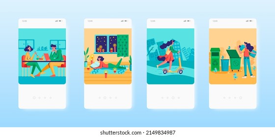 Ecology. Eco transport, organic food, sorting waste for recycling. Mobile app screens, vector website banner template.