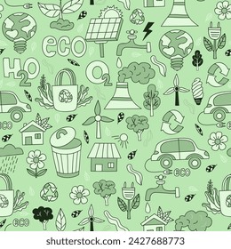 Ecology and ecological lifestyle. Seamless pattern in hand drawn doodle style. Vector illustration on green background