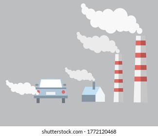 Ecology and ecological problems element set,air pollution reasons and causes,problems. transport pollution.Environmental problem, ecology industrial harm.Vector flat illustration.