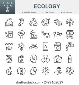 Ecology editierbarer Symbolsatz. Im Symbolsatz enthaltene Symbole: Elektrofahrzeug, CO2-Bilanz, Recycling, Klimawandel, grüne Energie, Solarenergie, Wasser, Landwirtschaft, Abfallfreiheit, Windenergie.