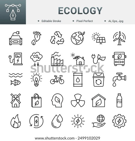 Ecology Editable Icon Set. Icons included in the icon set: Electric Vehicle, Carbon Footprint, Recycling, Climate Change, Green Energy, Solar Energy, Water, Agriculture, Zero Waste, Wind Power.