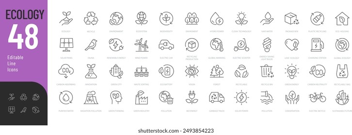 Conjunto de iconos editables de ecología. Ilustración vectorial en el estilo moderno de la línea delgada de los iconos relacionados con el medio ambiente: futuro sostenible, reciclaje, energía verde, y más. Pictogramas e infografías