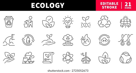 Ecology editable line icons set: recycling and environment symbols