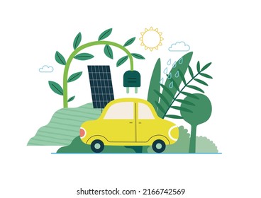 Ecology - Electric car -Modern flat vector concept illustration of Solar panels and an electric car. Renewable energy metaphor. Creative landing web page illustartion