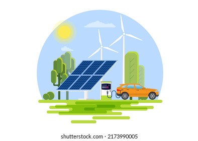 Ecology - Electric car -Modern flat vector concept illustration of Solar panels and an electric car.