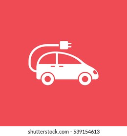 Ecology Electric Car With Wire Flat Icon On Red Background