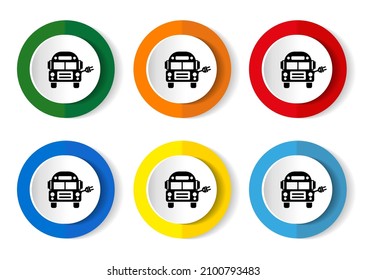 Ecology, electrical bus vector icon set, flat design buttons on white background for webdesign and mobile phone applications.
